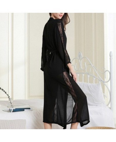 Robe Women Black Lace Edge Nightgown V Neck Sexy Sleep Dress Ice Silk Nightdress Home Clothing Long Sleeves Kimono Bathrobe $...