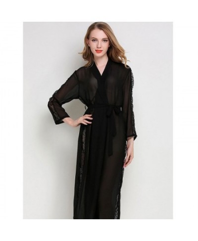 Robe Women Black Lace Edge Nightgown V Neck Sexy Sleep Dress Ice Silk Nightdress Home Clothing Long Sleeves Kimono Bathrobe $...