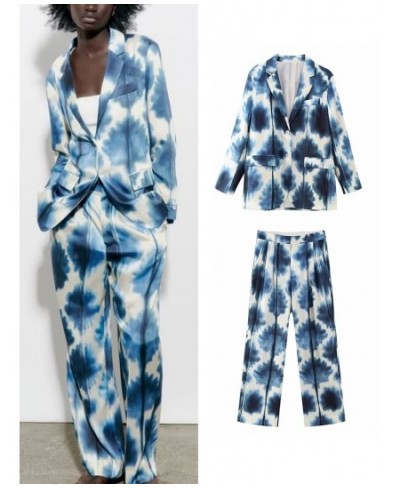 Women Spring Summer Tie-Dyed Thin Blazer Suits Sets 2023 Silk Soft Long Sleeve OL Jacket Wide Leg Print Pants Sets $43.64 - S...