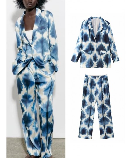 Women Spring Summer Tie-Dyed Thin Blazer Suits Sets 2023 Silk Soft Long Sleeve OL Jacket Wide Leg Print Pants Sets $43.64 - S...