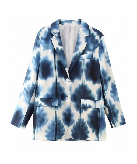 Women Spring Summer Tie-Dyed Thin Blazer Suits Sets 2023 Silk Soft Long Sleeve OL Jacket Wide Leg Print Pants Sets $43.64 - S...