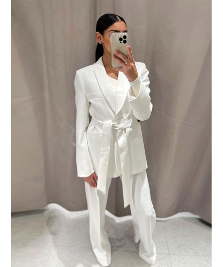 Fashion Solid Belt Blazer Suit Women Vintage Lapel Long Sleeve Jacket 2 Pieces Set 2023 Spring Chic Office Lady White Pant $4...