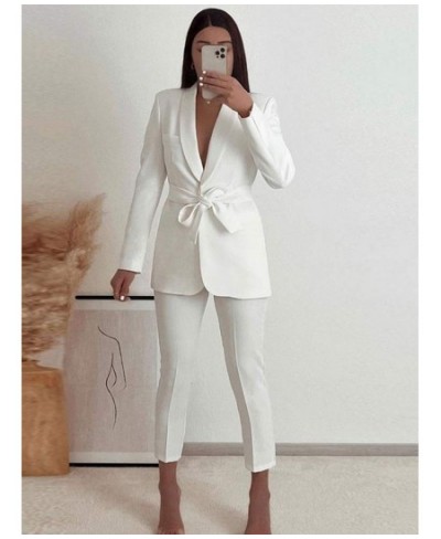 Fashion Solid Belt Blazer Suit Women Vintage Lapel Long Sleeve Jacket 2 Pieces Set 2023 Spring Chic Office Lady White Pant $4...