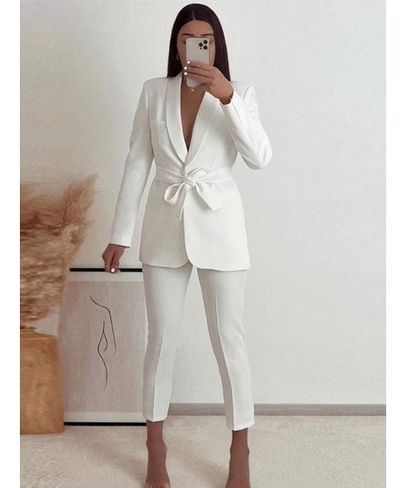 Fashion Solid Belt Blazer Suit Women Vintage Lapel Long Sleeve Jacket 2 Pieces Set 2023 Spring Chic Office Lady White Pant $4...