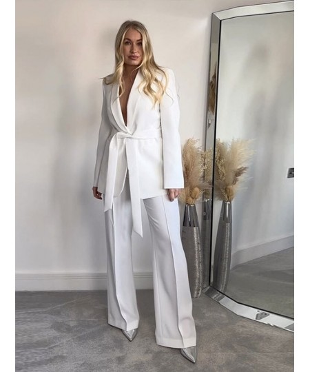 Fashion Solid Belt Blazer Suit Women Vintage Lapel Long Sleeve Jacket 2 Pieces Set 2023 Spring Chic Office Lady White Pant $4...