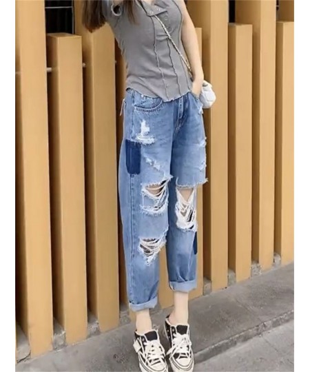 2022 New Women Fashion Mid Waist Boyfriend Big Ripped Hole Jeans Casual High Street Denim Pants Sexy Vintage Pencil Calca Jea...