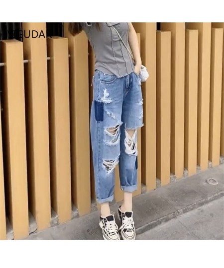 2022 New Women Fashion Mid Waist Boyfriend Big Ripped Hole Jeans Casual High Street Denim Pants Sexy Vintage Pencil Calca Jea...