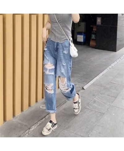 2022 New Women Fashion Mid Waist Boyfriend Big Ripped Hole Jeans Casual High Street Denim Pants Sexy Vintage Pencil Calca Jea...