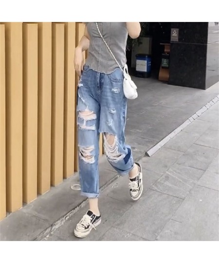 2022 New Women Fashion Mid Waist Boyfriend Big Ripped Hole Jeans Casual High Street Denim Pants Sexy Vintage Pencil Calca Jea...