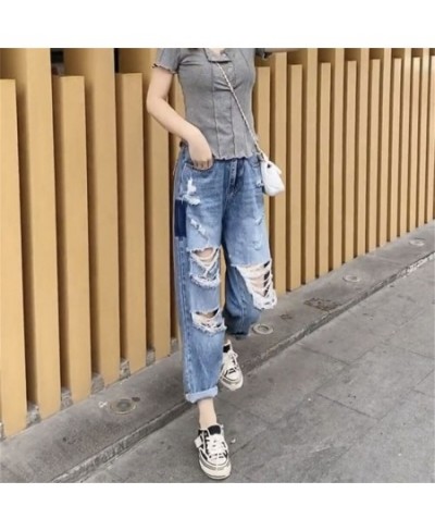 2022 New Women Fashion Mid Waist Boyfriend Big Ripped Hole Jeans Casual High Street Denim Pants Sexy Vintage Pencil Calca Jea...