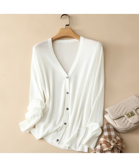 2023 V-neck solid thin white gray long sleeve Sun protection of ultra-thin knitted beading Women cardigans PRFS372 $91.63 - S...