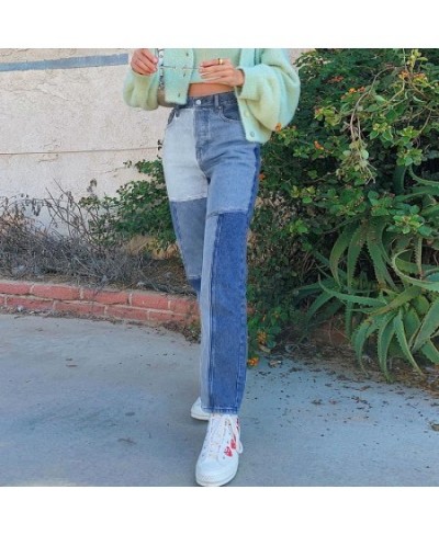 Blue Pocket Patchwork Jeans Cargo Skinny Vintage High Waist Mom Jeans Women Ripped Straight Jeans Ladies Winter Casual $47.97...