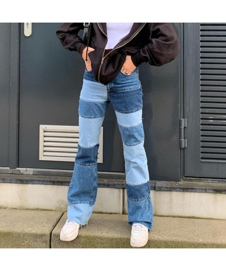 Blue Pocket Patchwork Jeans Cargo Skinny Vintage High Waist Mom Jeans Women Ripped Straight Jeans Ladies Winter Casual $47.97...