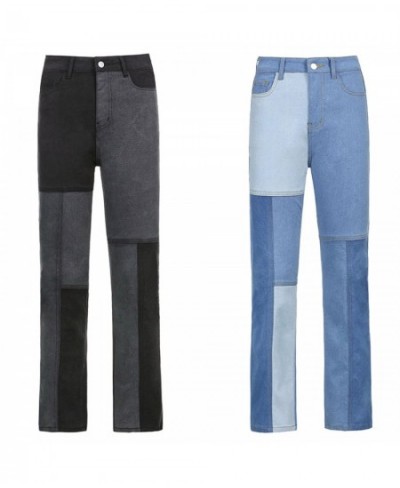 Blue Pocket Patchwork Jeans Cargo Skinny Vintage High Waist Mom Jeans Women Ripped Straight Jeans Ladies Winter Casual $47.97...