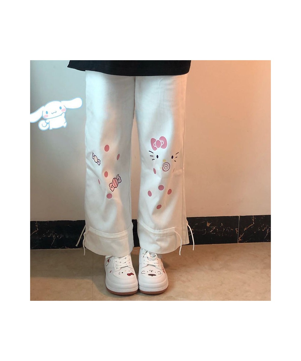 White Cartoon Pants Fashion Girl Harajuku Cute Anime Pants Female Student Casual Funny Straight Summer Kawaii High Street Pan...