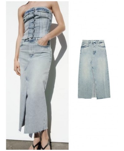 2023 New Women's Long Denim Skirt Summer Vintage High Wasit Jeans Skirt Female Straight Side Split A-line Pencil Skirts $56.9...