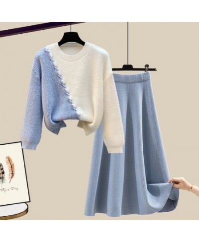 Large Korean Autumn and Winter Suit Women 2022 New Loose Round Neck Knitting Sweater Skirt Two-piece Women's Skirt Suit $64.5...