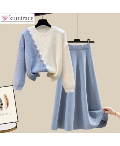 Large Korean Autumn and Winter Suit Women 2022 New Loose Round Neck Knitting Sweater Skirt Two-piece Women's Skirt Suit $64.5...