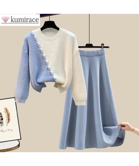 Large Korean Autumn and Winter Suit Women 2022 New Loose Round Neck Knitting Sweater Skirt Two-piece Women's Skirt Suit $64.5...