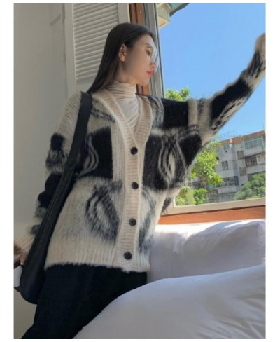 Lazy Style Long Sleeve Sweater Autumn V-neck Long Cardigan Coat Casual Printing Design Y2k Fashion Winter Clothes Women $58.0...