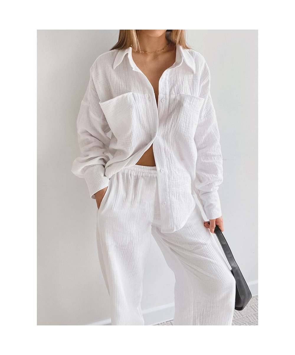 White Pajamas For Women Cotton Long Sleeve 2 Piece Sets Nightwear Female Casual Trouser Suits Solid 2022 Autumn Sleepwear $53...