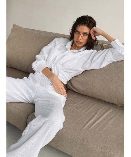 White Pajamas For Women Cotton Long Sleeve 2 Piece Sets Nightwear Female Casual Trouser Suits Solid 2022 Autumn Sleepwear $53...