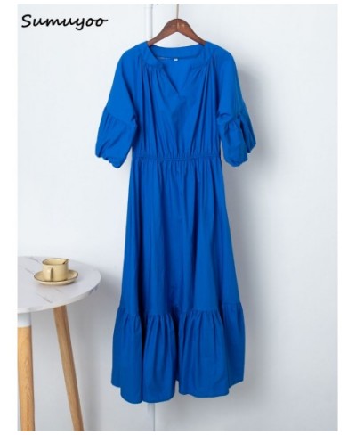 Elegant Long Cotton Dress Summer Lantern Half Sleeve V-Neck Office Party Dress Lady A-Line Spliced Ruffled Casual Dress $52.5...