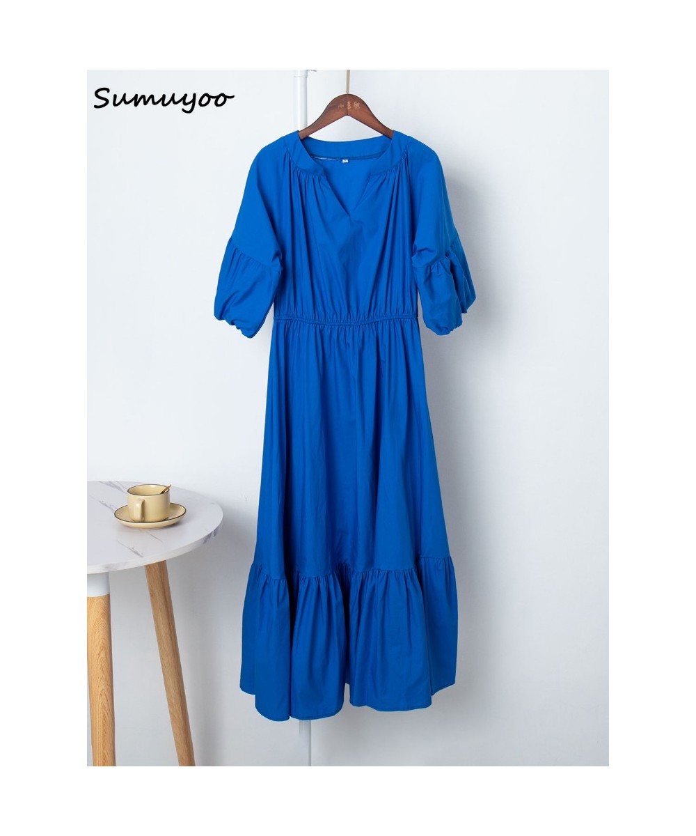 Elegant Long Cotton Dress Summer Lantern Half Sleeve V-Neck Office Party Dress Lady A-Line Spliced Ruffled Casual Dress $52.5...