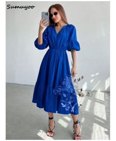 Elegant Long Cotton Dress Summer Lantern Half Sleeve V-Neck Office Party Dress Lady A-Line Spliced Ruffled Casual Dress $52.5...