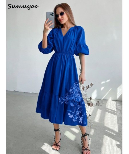 Elegant Long Cotton Dress Summer Lantern Half Sleeve V-Neck Office Party Dress Lady A-Line Spliced Ruffled Casual Dress $52.5...