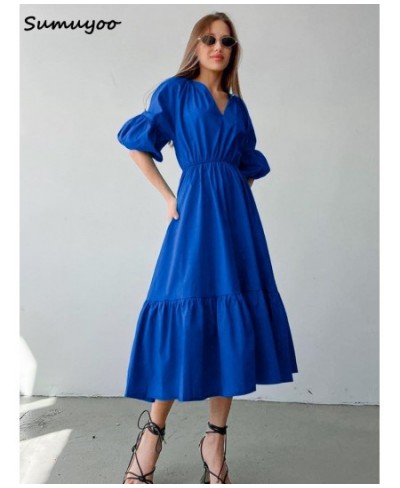 Elegant Long Cotton Dress Summer Lantern Half Sleeve V-Neck Office Party Dress Lady A-Line Spliced Ruffled Casual Dress $52.5...