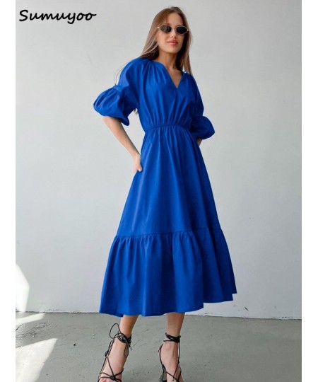 Elegant Long Cotton Dress Summer Lantern Half Sleeve V-Neck Office Party Dress Lady A-Line Spliced Ruffled Casual Dress $52.5...