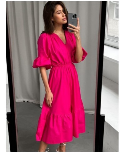 Elegant Long Cotton Dress Summer Lantern Half Sleeve V-Neck Office Party Dress Lady A-Line Spliced Ruffled Casual Dress $52.5...