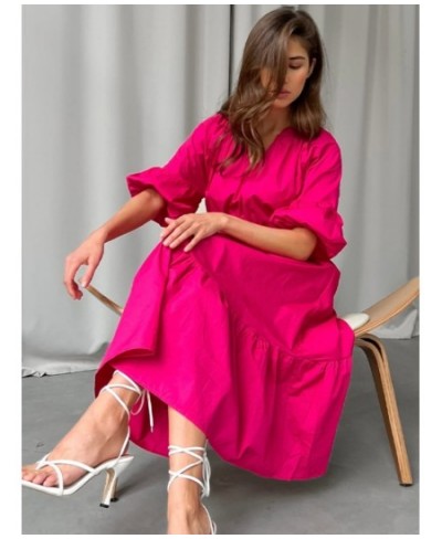 Elegant Long Cotton Dress Summer Lantern Half Sleeve V-Neck Office Party Dress Lady A-Line Spliced Ruffled Casual Dress $52.5...