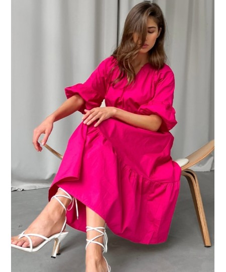 Elegant Long Cotton Dress Summer Lantern Half Sleeve V-Neck Office Party Dress Lady A-Line Spliced Ruffled Casual Dress $52.5...