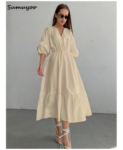 Elegant Long Cotton Dress Summer Lantern Half Sleeve V-Neck Office Party Dress Lady A-Line Spliced Ruffled Casual Dress $52.5...