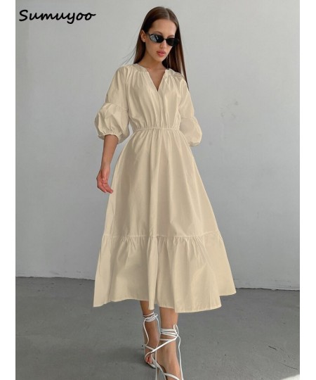 Elegant Long Cotton Dress Summer Lantern Half Sleeve V-Neck Office Party Dress Lady A-Line Spliced Ruffled Casual Dress $52.5...