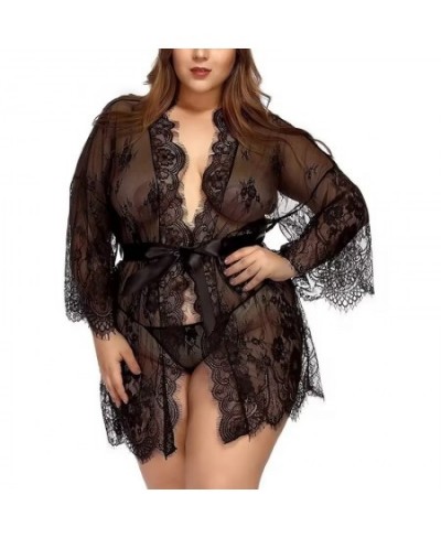 Sexy Plus Size Lingerie Nightgown See Through Mini Lace Robe Skirt Floral Long Sleeve Wedding Bathrobe Nightdress Set $31.42 ...