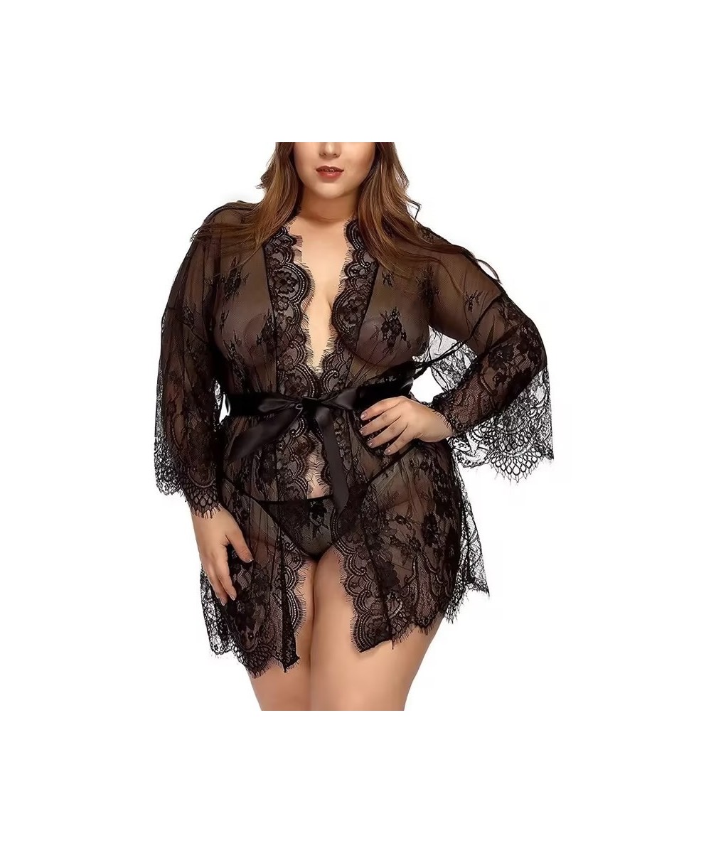 Sexy Plus Size Lingerie Nightgown See Through Mini Lace Robe Skirt Floral Long Sleeve Wedding Bathrobe Nightdress Set $31.42 ...