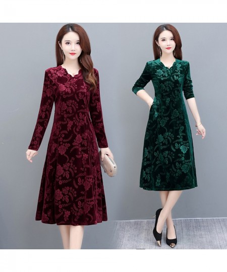 large Size autumn mother gold velvet dress new temperament long-sleeved elderly women Three-dimensional printing dress $49.80...