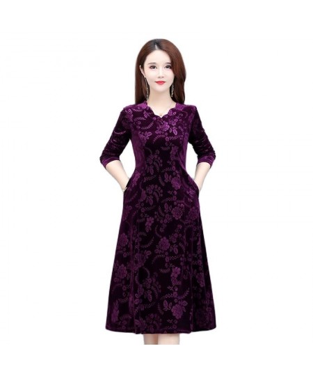 large Size autumn mother gold velvet dress new temperament long-sleeved elderly women Three-dimensional printing dress $49.80...