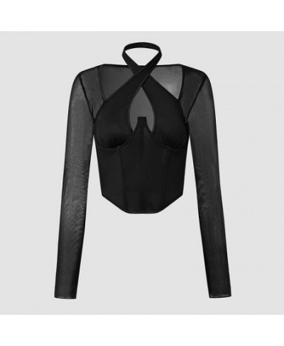 Women Cross Neck Long Sleeve T-shirt Sexy Halter Corset Bustier Tank Tops Women Harajuku Gothic Plunge V Crop Top Clothes $25...