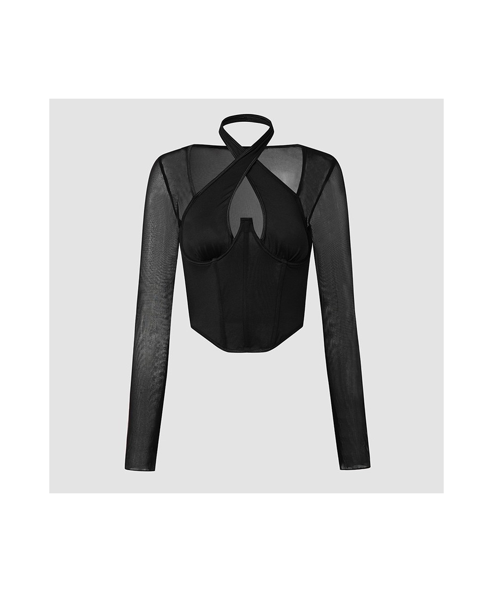 Women Cross Neck Long Sleeve T-shirt Sexy Halter Corset Bustier Tank Tops Women Harajuku Gothic Plunge V Crop Top Clothes $25...