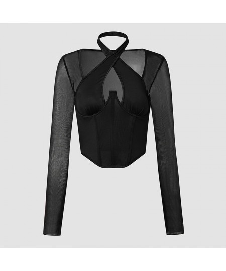 Women Cross Neck Long Sleeve T-shirt Sexy Halter Corset Bustier Tank Tops Women Harajuku Gothic Plunge V Crop Top Clothes $25...