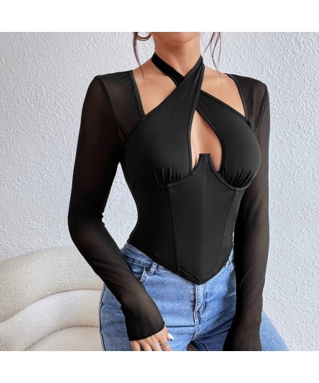 Women Cross Neck Long Sleeve T-shirt Sexy Halter Corset Bustier Tank Tops Women Harajuku Gothic Plunge V Crop Top Clothes $25...