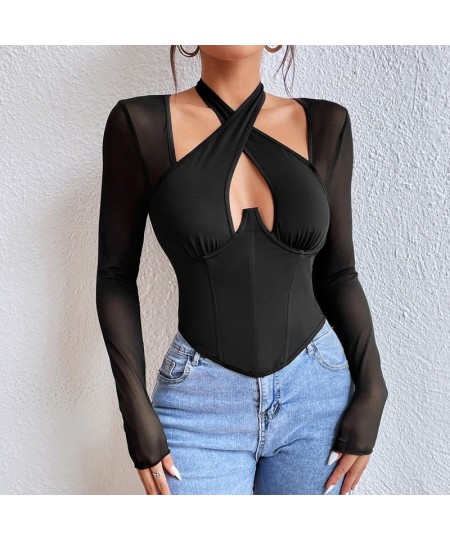 Women Cross Neck Long Sleeve T-shirt Sexy Halter Corset Bustier Tank Tops Women Harajuku Gothic Plunge V Crop Top Clothes $25...