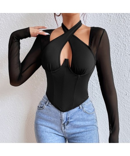 Women Cross Neck Long Sleeve T-shirt Sexy Halter Corset Bustier Tank Tops Women Harajuku Gothic Plunge V Crop Top Clothes $25...