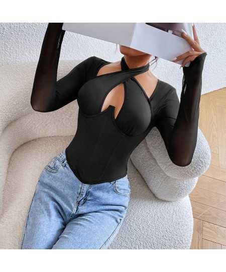 Women Cross Neck Long Sleeve T-shirt Sexy Halter Corset Bustier Tank Tops Women Harajuku Gothic Plunge V Crop Top Clothes $25...