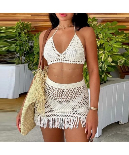 Summer Beach Outfits Women Holiday Two Piece Set Y2K Knitted Crochet Chest Wrap Tie Up Bra Top + Tassel Skirt Sets $30.77 - S...