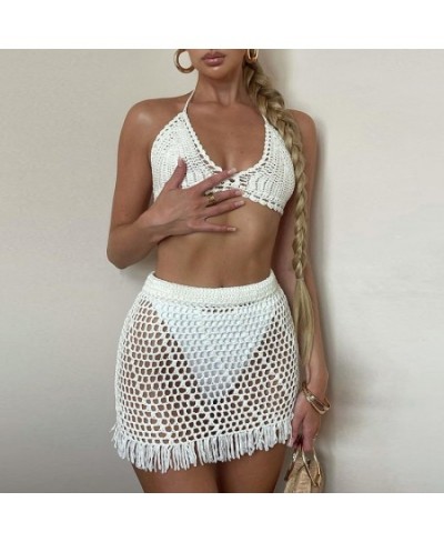 Summer Beach Outfits Women Holiday Two Piece Set Y2K Knitted Crochet Chest Wrap Tie Up Bra Top + Tassel Skirt Sets $30.77 - S...